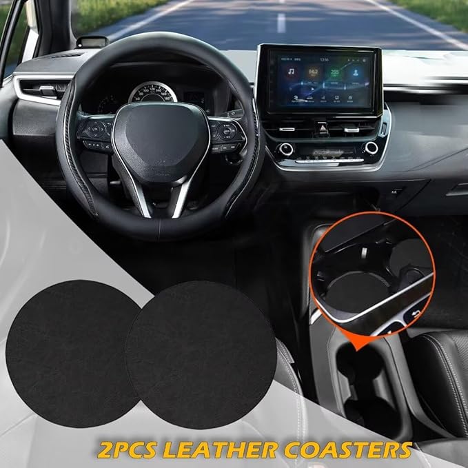 Steering Wheel Cover Black, Carbon Fiber Car Steering Wheel Covers with Coasters Universal 14.5-15 inch Leather Microfiber Breathable Anti-Slip Steering Wheel Accessories Set