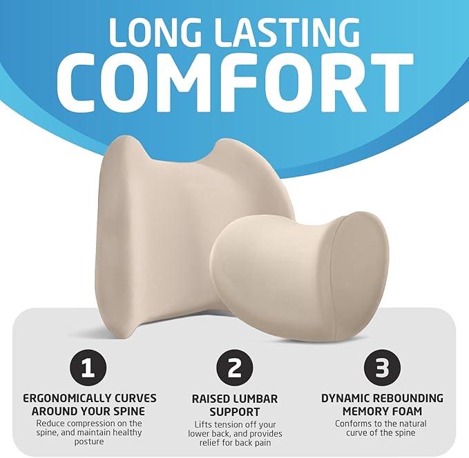 Lumbar & Neck Support Pillow Kit - Beige - Back & Neck Support Pillow for Car & Office Chair - Memory Foam Pillow - Ergonomic Pillow for Neck & Back Pain Relief