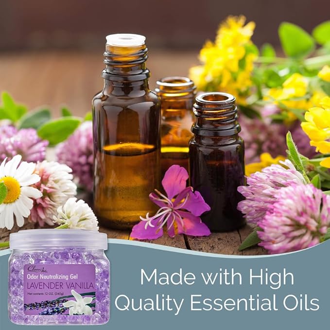 Clear Air Odor Eliminator Gel - 12 oz, Pack of 2 - Air Freshener Made with Essential Oils - Eliminates Odors in Bathrooms, Cars, Boats, RVs & Pet Areas - Lavender Vanilla Scent