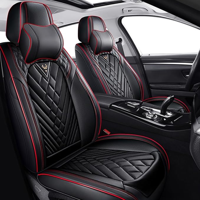 Fit for Dodge Dakota Seat Covers 2000-2011, Nappa Leather, 360° Full Protection, Thick Padding & Memory Foam, Waterproof & Stain-Resistant Car Seat Cover (Fornt Set with Headrests,Black&Red)