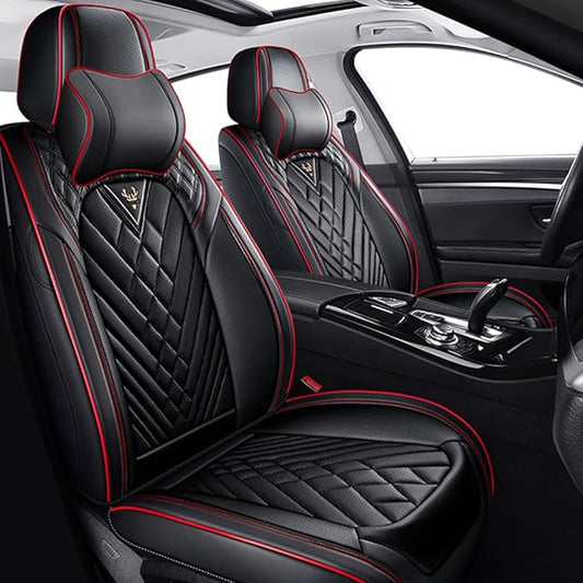 Fit for Dodge Dakota Seat Covers 2000-2011, Nappa Leather, 360° Full Protection, Thick Padding & Memory Foam, Waterproof & Stain-Resistant Car Seat Cover (Fornt Set with Headrests,Black&Red)