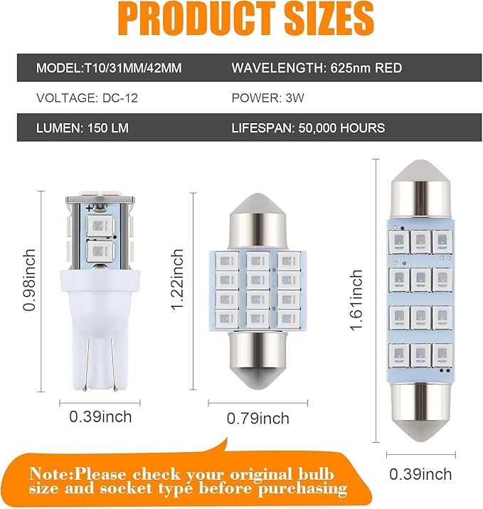 24 Pieces Dome Light LED Car Interior Bulb Kit Set 194 T10 DE3175 578 31mm 42mm Bulbs Interior Replacement Lights for Car Map License Plate Door Side Marker Cornering Trunk Light - Red