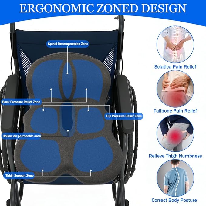 Wheelchair Cushions with Ergonomic L-Shape Design – Premium Memory Foam Seat Cushion for Posture Support & Tailbone Pain Relief – Non-Slip Base & Adjustable Straps for Office, Car & Travel Use