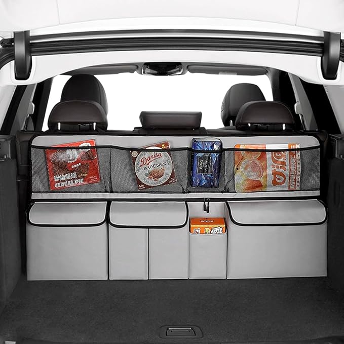 Hanging Car Trunk Organizer, Collapsible Backseat Storage Bag with 8 Large Pockets for Medium or Large Size SUV, Truck, MPV, Car Interior Accessories (Light-gray)