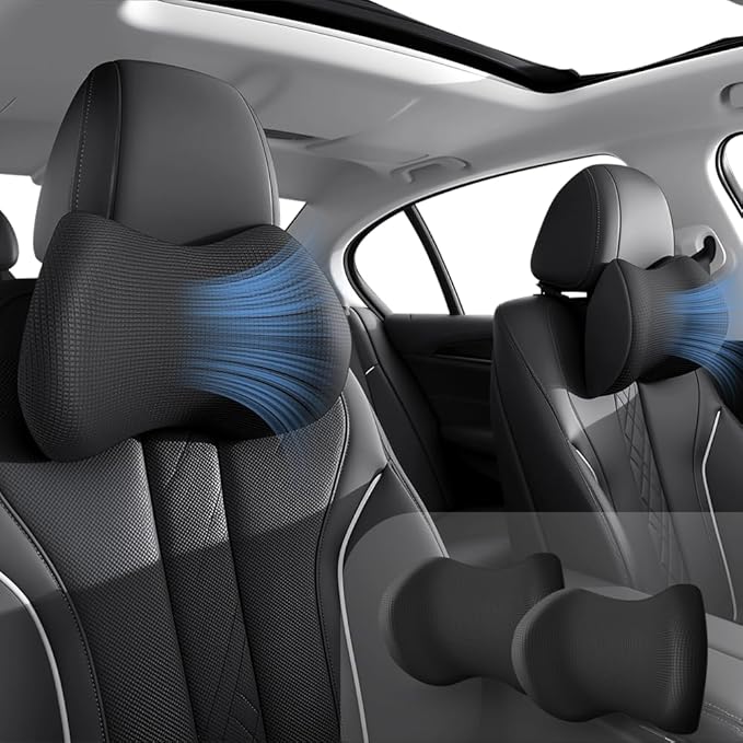 2Pack Car Neck Pillow - No Pressure & Odorless Memory Foam Car Headrest Pillow for Pain Relief, Ergonomic Support with Adjustable Strap & Breathable Removable Cover, Universal Fit(Black)
