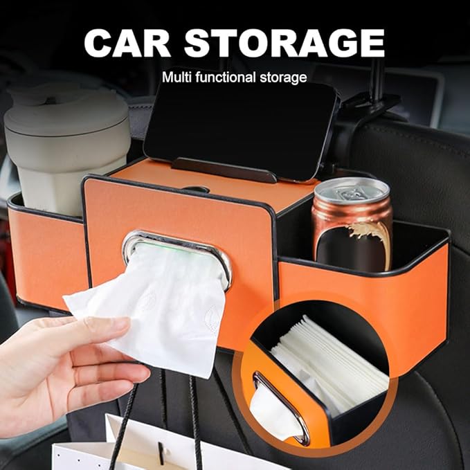 Multifunctional Car Seat Back Storage Box, 2026 New 3-in-1 Back Seat Car Organizer with Cup Holder Tissue Box Headrest Hook, Car Backseat Organizer for Hold Phone, Snacks, Drinks, Handbags (Black)