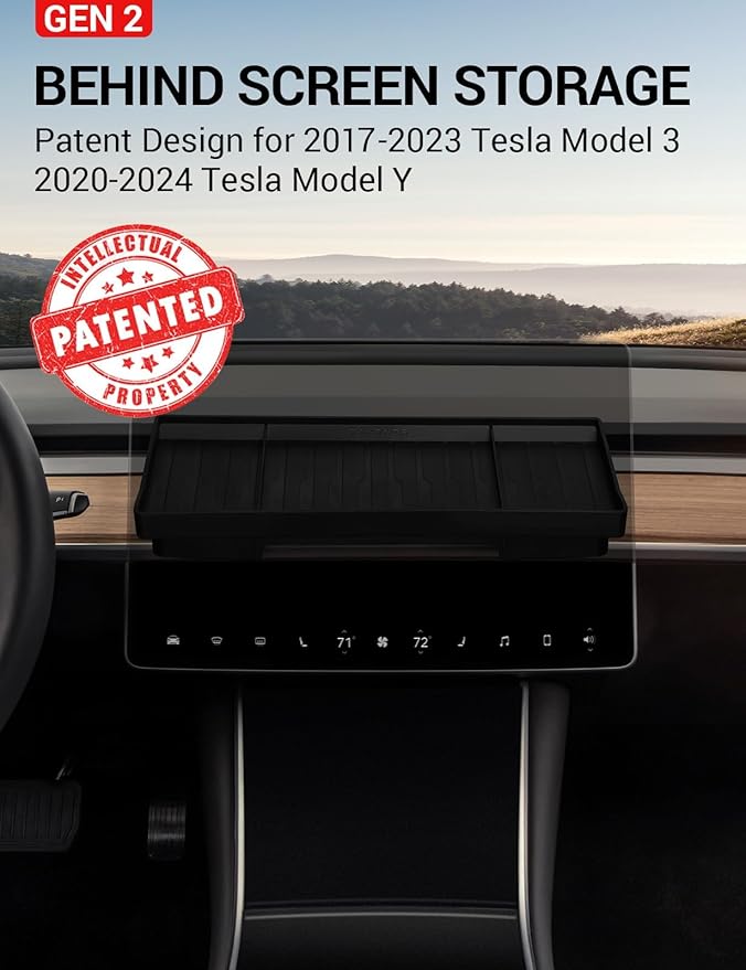 BASENOR Tesla Model Y Model 3 Center Console Behind Screen Storage Box, (Proprietary Design) Dashboards Hidden Organizer Tray Sunglasses Holder for 2017-2023 Model 3 2020-2024 Model Y