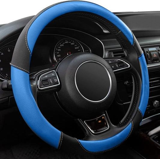 Xizopucy Black and Blue Microfiber Leather Steering Wheel Cover，Universal 15 inch Steering Wheel Covers for Car Truck SUV，Breathable, Anti Slip & Odor Free(Black+Blue)…