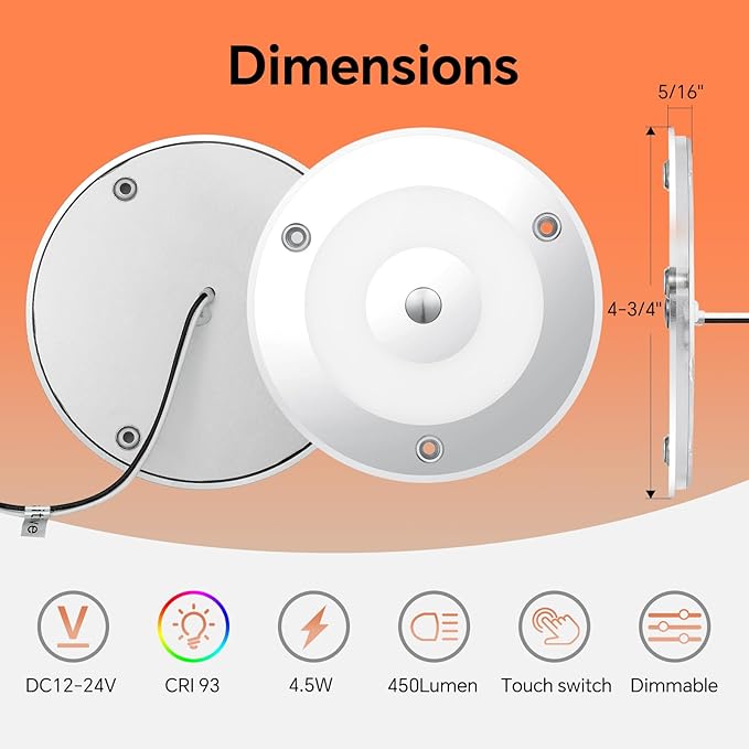 12V Ceiling Dome Light, 4.75 Inch 400LM Dimmable Interior Light for RV Boat Camper Van Travel Trailer Truck Fifth Wheel Interior Lighting, Blue NightLight & Touch Switch(Cool White)