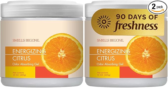 SMELLS BEGONE Air Freshener Odor Absorber Gel - 15 oz, Pack of 2 - Absorbs and Eliminates Odor in Pet Areas, Bathrooms, Cars, & Boats - Made with Essential Oils - Energizing Citrus Scent