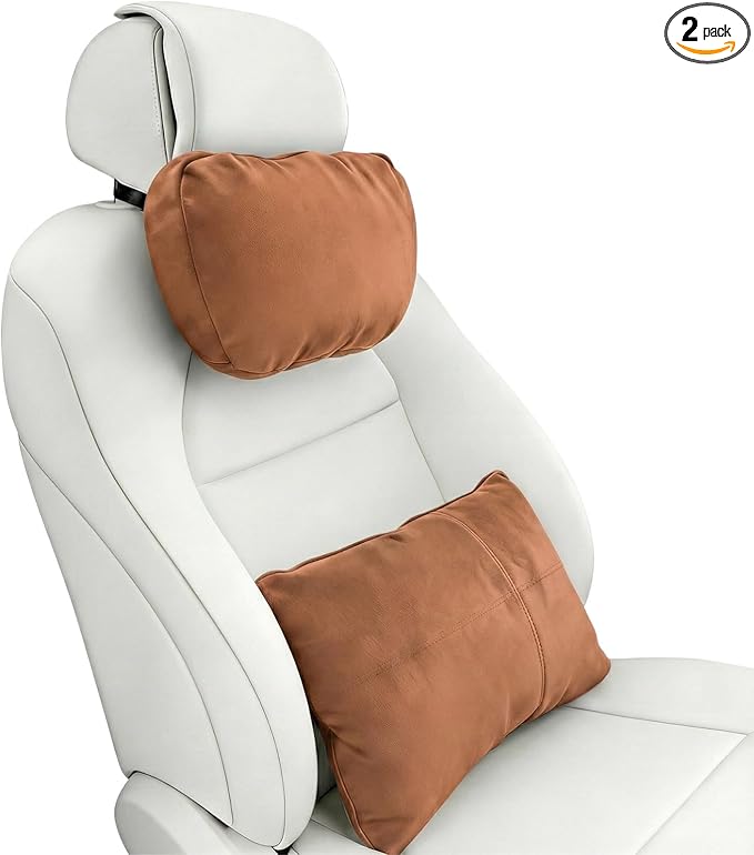 2PCS Car Pillow for Car Neck Pillow for Driving Seat Lumbar Support Soft Cushion with Extra Filling Accessories Back Support for Travel Nap and Trips Sleeping(Brown, Head and Lumbar)