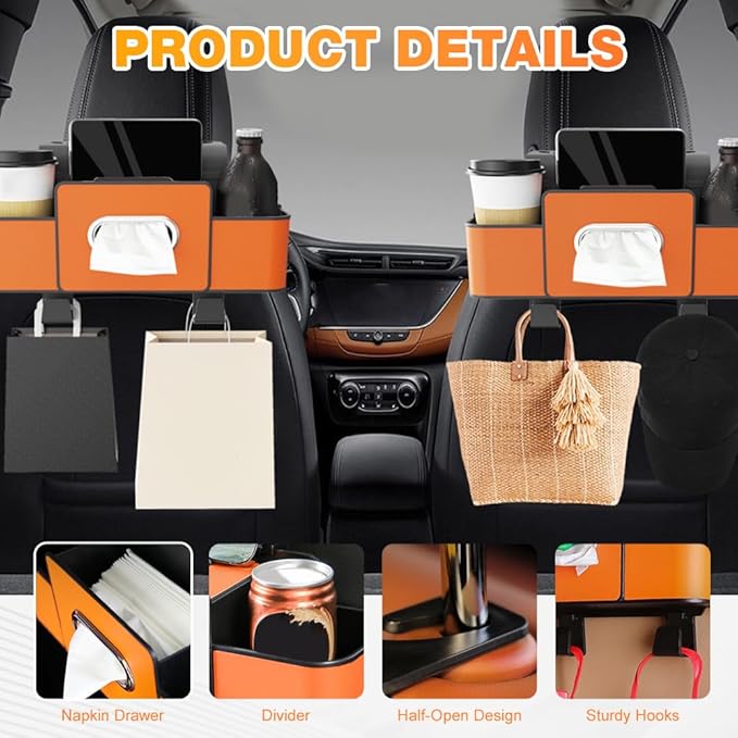 Back Seat Car Organizer,3-in-1 Car Backseat Storage Box with Cup Holder,Tissue Box,Trash Bin&Hooks,Multifunctional Waterproof Storage for Hold Phones Snacks Drinks Handbags (2, Orange)