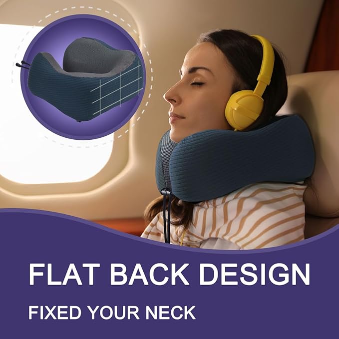napfun Neck Pillow for Traveling, Upgraded Travel Neck Pillow for Airplane 100% Pure Memory Foam Travel Pillow for Flight Headrest Sleep, Portable Plane Accessories, Luxury Sets (Optional), Deep Blue