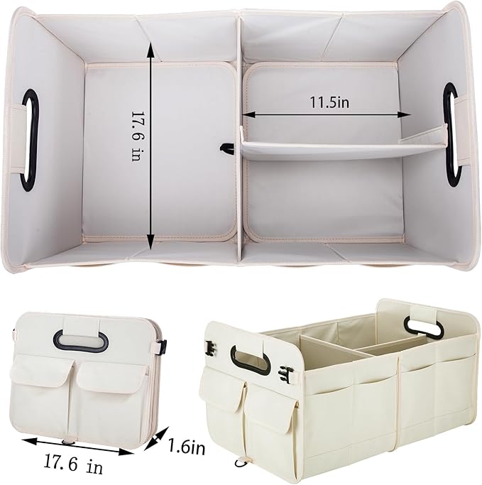 Trunk Organizer For Suv & Sedan,Car Organizers and Storage, Waterproof Collapsible & Adjustable Straps,75L Sturdy Car Organization for Car Accessories, Tools,Sundries,2-3 Compartment（Beige）