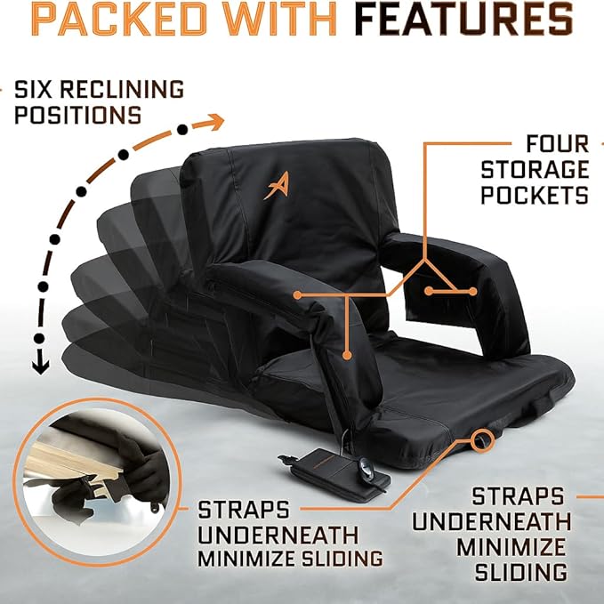 Heated Stadium Seats for Bleachers with Back Support – USB Battery Included - Upgraded 3 Levels of Heat - Foldable Chair - 4 Pockets and Cup Holder - for Camping Sports (20" inch Heat on seat)