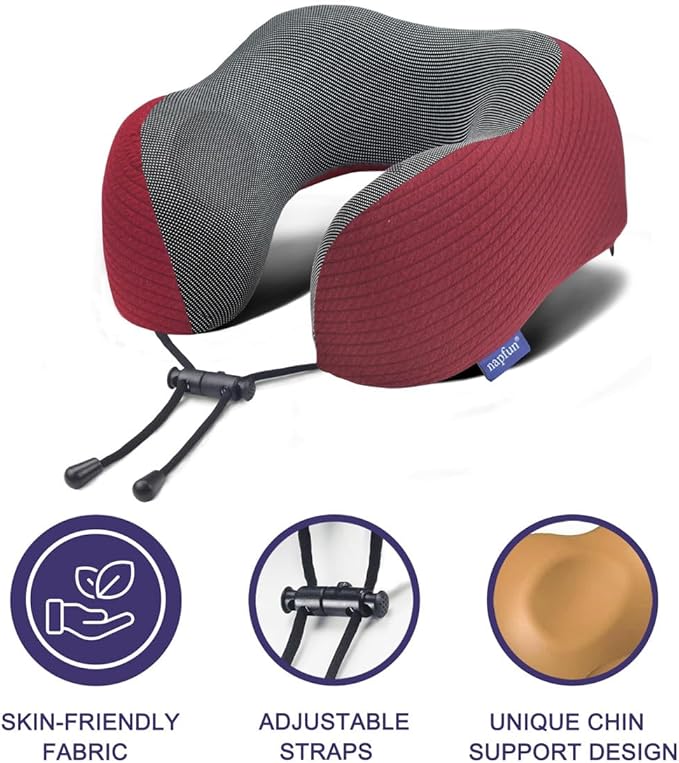 napfun Neck Pillow for Traveling, Upgraded Travel Neck Pillow for Airplane 100% Pure Memory Foam Travel Pillow for Flight Headrest Sleep, Portable Plane Accessories, Wine-Red Set