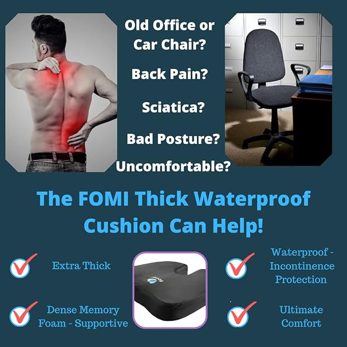 FOMI Extra Thick Water Resistant Seat Cushion (18" x 16" x 3.5") | Orthopedic Memory Foam | Incontinence and Spill Protection | Large Pillow for Car or Truck Seat, Office Chair, Wheelchair