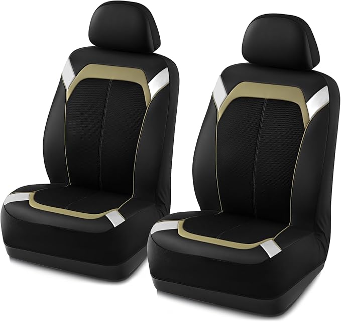 PIC AUTO Car Seat Cover – Silver & Beige Leather with Breathable Mesh Seat Cover for Cars, Stylish Two-Tone Leather Front Seat Covers, Universal Fit, Durable for SUV, Truck, Sedan, Vehicles
