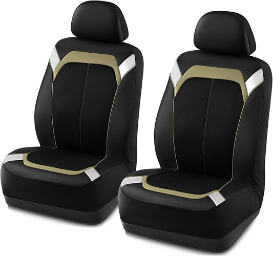 PIC AUTO Car Seat Cover – Silver & Beige Leather with Breathable Mesh Seat Cover for Cars, Stylish Two-Tone Leather Front Seat Covers, Universal Fit, Durable for SUV, Truck, Sedan, Vehicles