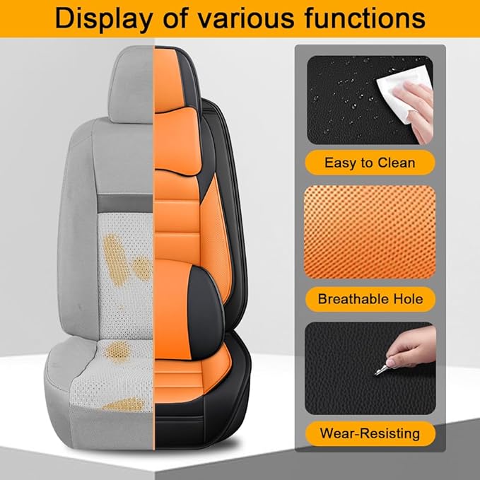 5 Seat Covers Fit for Acura ILX 2013-2022, Waterproof Premium Leather Automotive Accessories Seat Protectors Seat Cushions Wear-Resistant Car Seat Covers（Black&Orange,Full Deluxe）