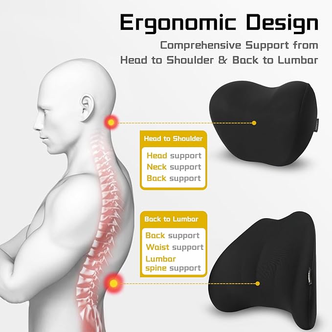 HOPON 2025 Upgrade Headrest Pillow with Lumbar Support Pillow for Most Cars,SUV Neck Pillow with Breathable Fabric,Soft Pillow for Relieving Stiffness Sedan Home Office Black 1 Set - Black