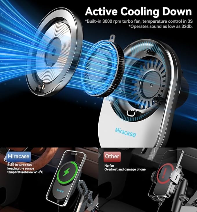 Miracase for Magsafe Car Mount Charger, 15W Fast Charging Cup Holder Phone Holder Wireless Magnetic Charger with Heat Dissipation System Only Fit iPhone 16/15/14/13/12 Series