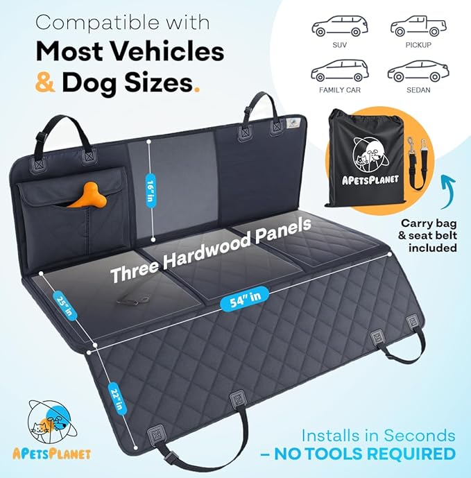 APetsPlanet Dog Car Seat Cover for Back Seat Hard Bottom - Waterproof Backseat Extender for Dogs - Pet Hammock for Car, Truck, SUV - Protector Bed with Mesh Window & Storage - Black, No Door Covers
