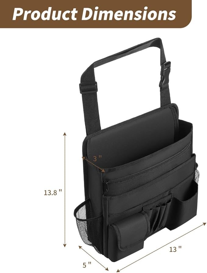 Car Front Seat Organizer for Paperwork File Laptop Mobile Office, Multi Compartment Storage Bag with Cup holder and Adjustable Strap for Car Work Truck Van