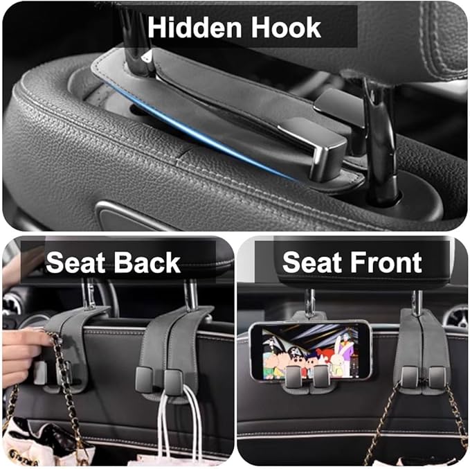 SUNCARACCL 2 Pack Car Seat Headrest Hook, Car Purse Hook Car Hooks for Purses and Bags, Car Seat Back Storage Hook Double Hook Holder Car Organization Accessories(Black)