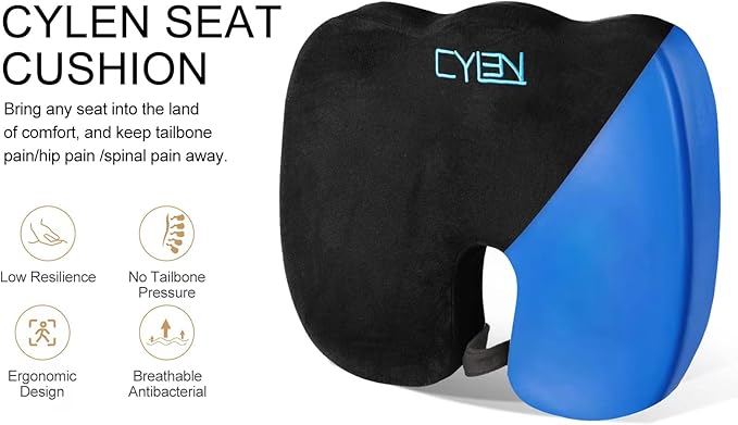 CYLEN Home Office Seat Cushion - Comfort Memory Foam Chair Cushion with Cooling Gel Infused for Tailbone, Coccyx, Back & Sciatica Pain Relief (Black-Blue)