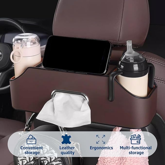 Multifunctional Car Back Seat Storage Organize, 2026 Upgrade 3-in-1 Car Backseat Organizer with Cup Holder, Tissue Box, Trash Bin & Hooks, for Hold Phones, Snacks, Drinks, and Handbags (Black)