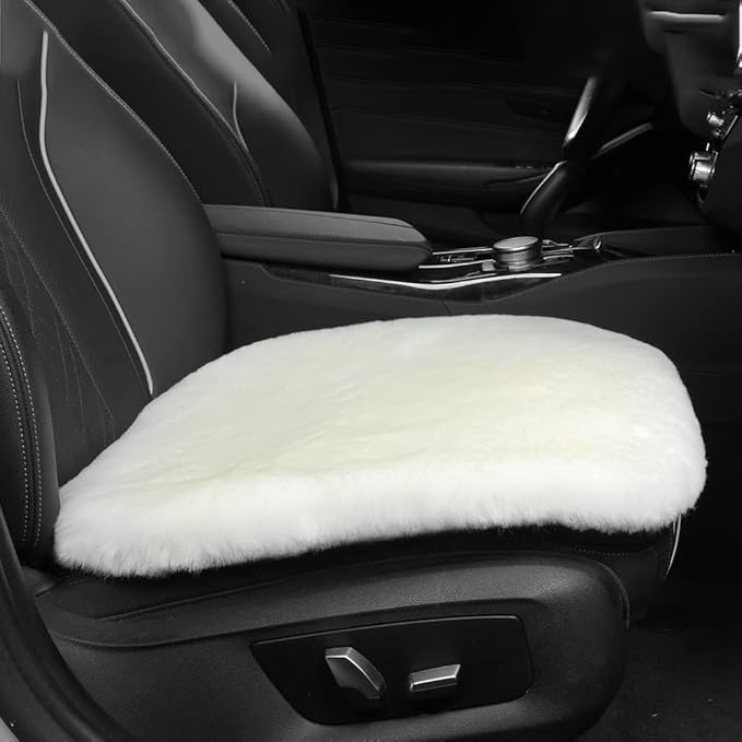 Genuine Sheepskin Auto Seat Pad, Australian Soft Wool Seat Cover Breathable and Sweat-Wicking Comfort Warm Universal Fit,19.2 inch x19.2 inch (Front seat Cushion 1pc, Ivory White)