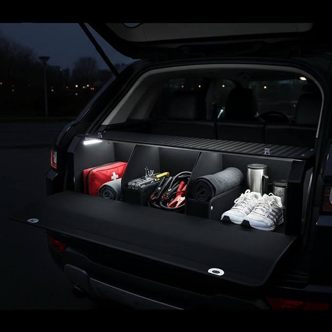 SUV Trunk Organizers and Storage with Lights, Car Storage Organizer with Lid & Sturdy Handle, Car Storage Bins for Groceries Powered by 4 AA Batteries (Batteries Not Included) (39.76inch)