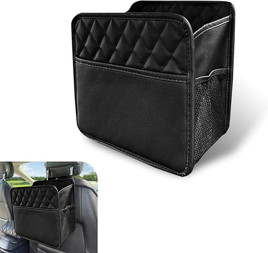 Car Seat Back Organizer, Large Capacity Leather Multi-functional Double Storage Bag with Side Mesh Pocket, Waterproof Strap-On Rear Seat Hanging Bag, Universal for Most Cars (Black)