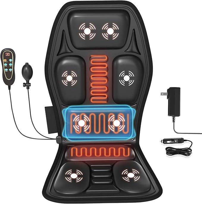 Back Massager for Chair, Massage Seat Cushion with Heat, Lumbar Traction, 8 Vibrating Motors Massager Chair Pad for Full Body Pain Relief, and Home Use