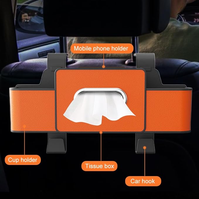 Multifunctional Car Seat Back Storage Box, 2026 New 3-in-1 Back Seat Car Organizer with Cup Holder Tissue Box Headrest Hook, Car Backseat Organizer for Hold Phone, Snacks, Drinks, Handbags (Brown)