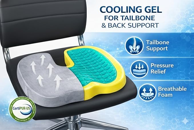 LuminaRest® Gel Seat Cushion for Long Sitting – Premium CertiPUR-US® Certified Memory Foam, Ergonomic Office Chair Cushion for Tailbone & Coccyx Pain Relief, Sciatica & Back Support – (Gray)