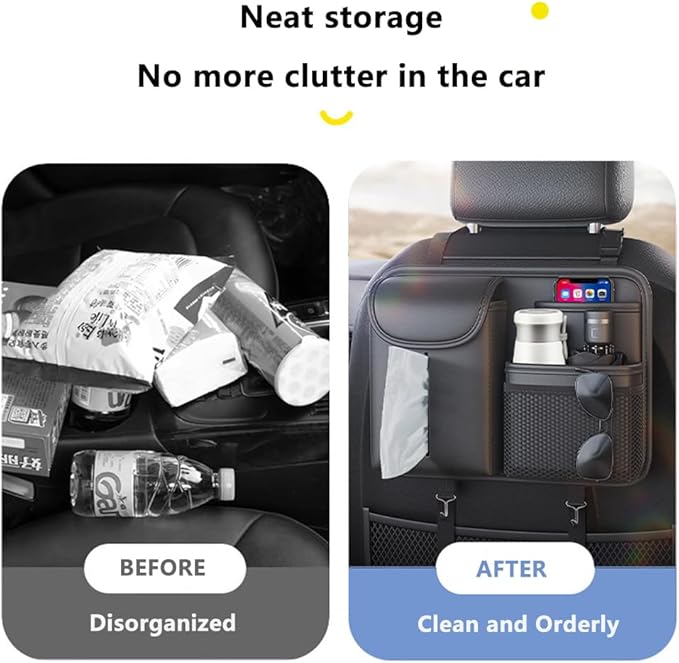 Tumecos Car Seat Back Storage Bag,Backseat Organizer with Tissue Box, Large Capacity Rear Seat Storage Pocket, Universal for Most Vehicles