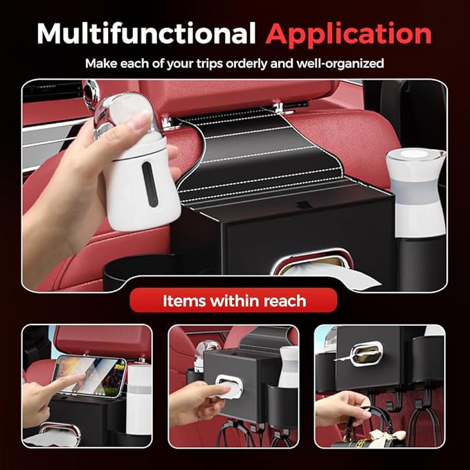 3-in-1 Car Backseat Organizer with Cup Holder, Tissue Box, Trash Bin & Hooks,Multifunctional Back Seat Car Organizer for Hold Phones, Snacks, Drinks, and Handbags (A- Red)