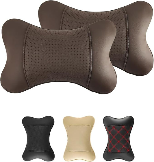 2 Pack Car Neck Pillow PU Leather Automotive Headrest Pillow for Car Support Neck Pain Relief Universal Car Pillow (Brown)
