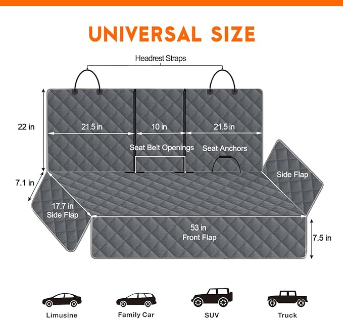Dog Car Cover for Back Seat Pet Protector Waterproof Bench Car Seat Cover, Nonslip Rear Seat Cover fits Middle Armrest for Most Cars Trucks SUVs - Grey