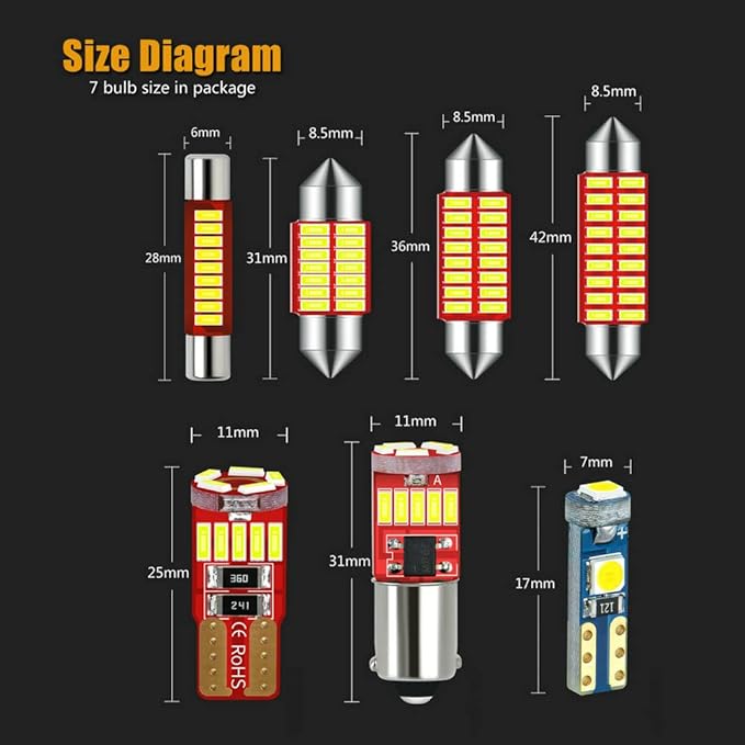 12V 31MM DE3175 36MM 6418 41MM 6411 T10 2825 BA9S 64111 T5 74 6615F 6612F LED bulb Combo Kit 6000K White for Car Truck Interiors Map Dome Trunk Cargo Door Courtesy License Plate Light 40-Pack