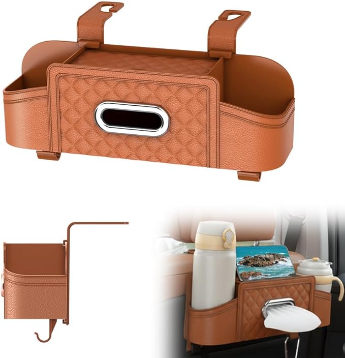 3-in-1 Car Backseat Organizer, Multifunctional Back Seat Car Organizer, Storage Box with Drink Cup Holder Tissue Box, for Hold Phone,Snacks, Drinks, Handbag (Orange)