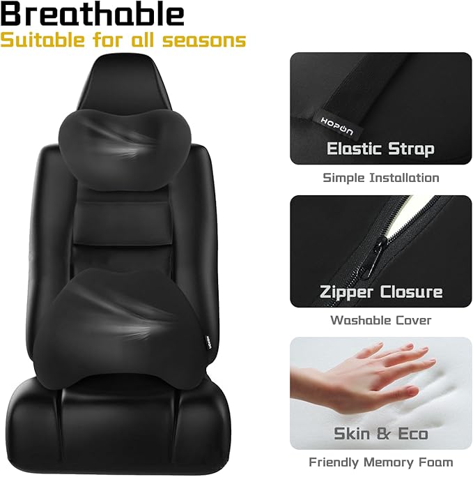 HOPON 2025 Upgrade Headrest Pillow with Lumbar Support Pillow for Most Cars,SUV Neck Pillow with Breathable Fabric,Soft Pillow for Relieving Stiffness Sedan Home Office Black 1 Set - Black