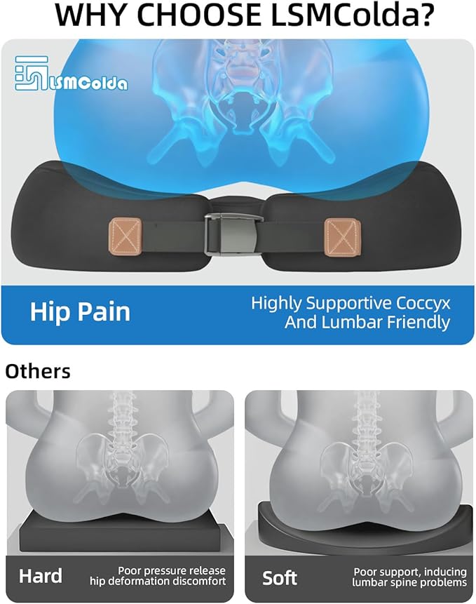 Adjustable Seat Cushions for Office Chairs, Extra-Dense Seat Cushion for Desk Chair, Home Chair, Ergonomic Sciatica Support, Hip & Tailbone Pain Relief Chair Cushions for Long Sitting (Black)