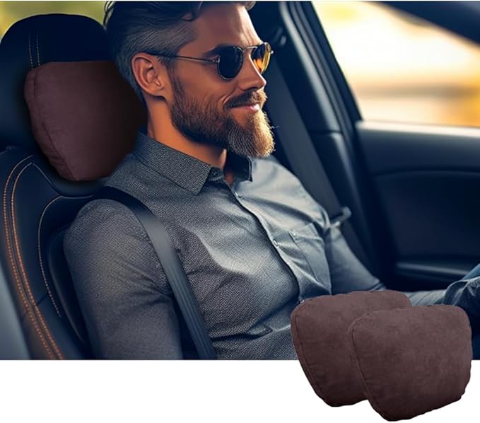 2pcs Car Neck Pillow for headrests,Support Drive Seats Head Cushion Pillows,Superfiber Suede,Plant-Based Polyester,Thickness & Height Adjustable,11.8x7.5,Inner Liner fillable(deep Coffee)