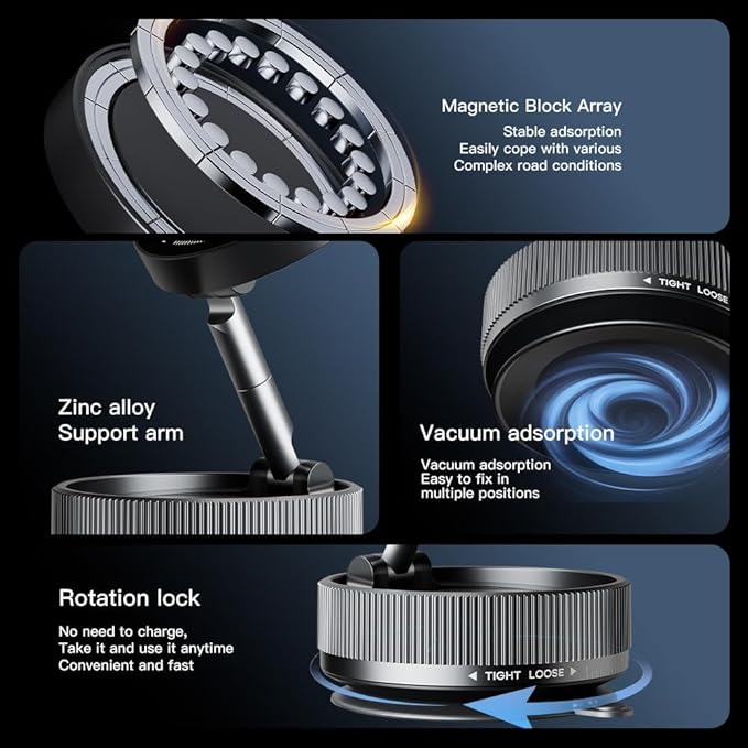 Vacuum Suction Magnetic Car Phone Holder Mount Fit All Phones,Adjustable Phone Holders for Your Car,Mechanical Knob No Need Charging,Metal Ring Stick Outside if Case Non-Magnetic (Black)