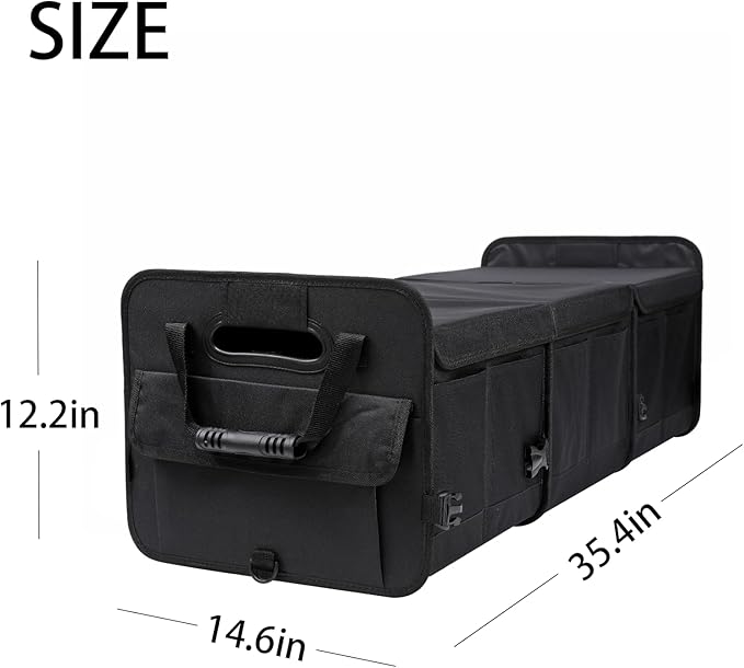 Car Trunk Organizer with Lid Storage Collapsible Multi Compartment Adjustable Straps for SUV, Truck, Sedan(Black) XL