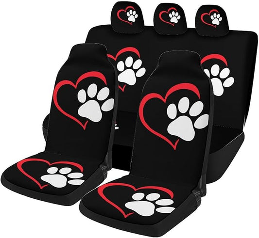 5 Pcs Premium Heart-Shaped Paw Print Car Seat Cover, Breathable & Washable Car Seat Covers Full Sets, Fashionable Printed Seat Covers for Cars Interior, Universal Fit for Most Cars