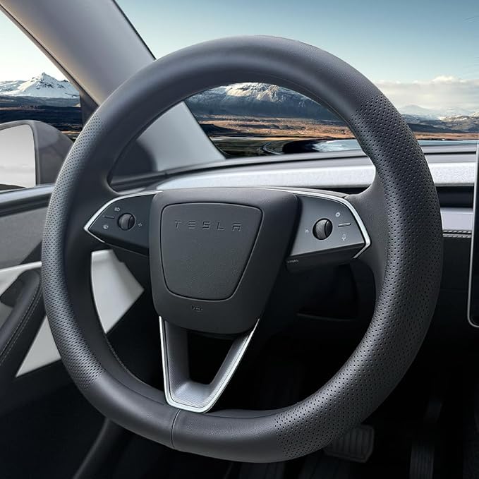 Tesla Model 3 and Model Y Steering Wheel Cover, Comfortable, Non-Slip, Breathable, Black Nappa Leather (Black)